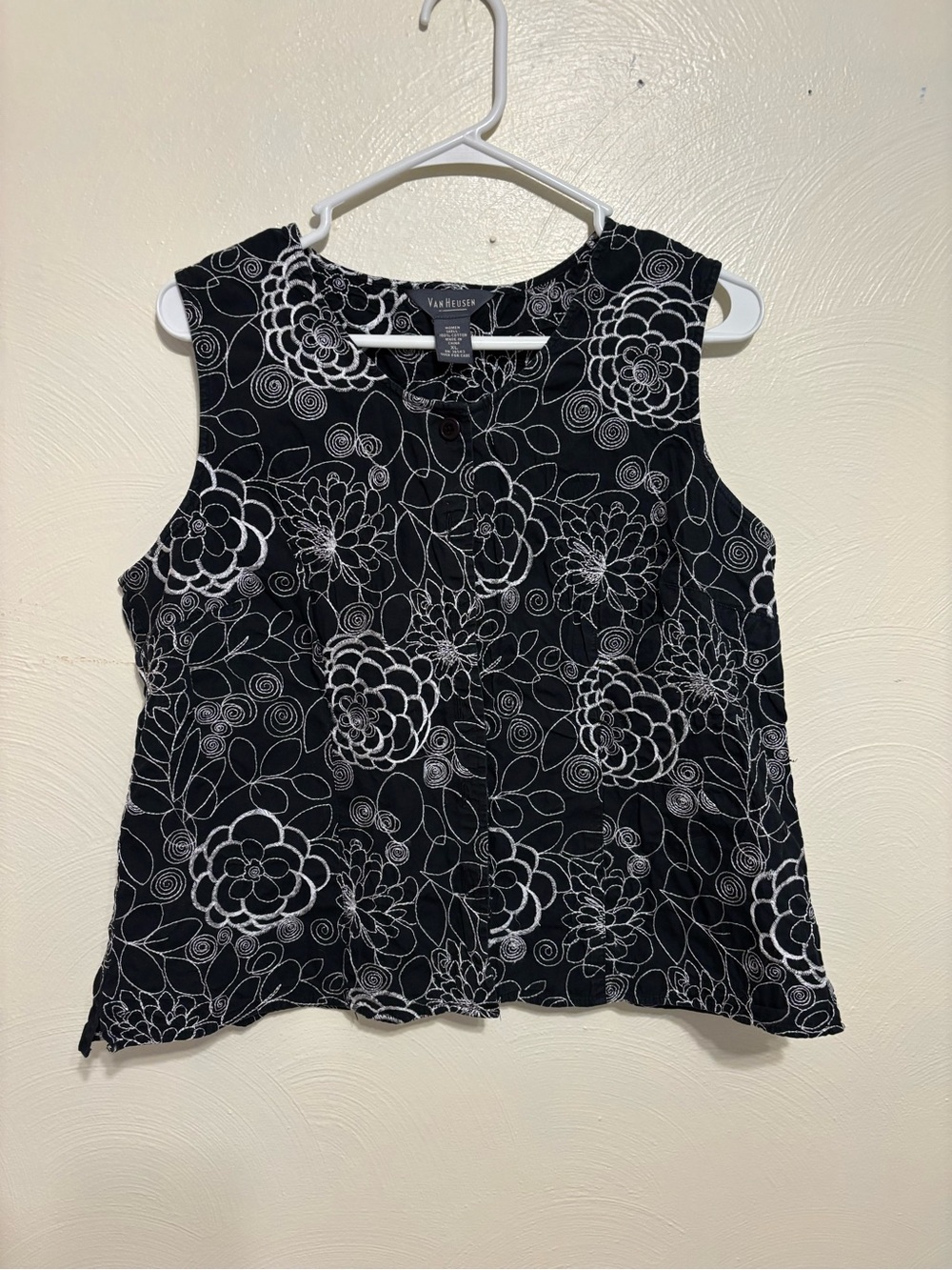 Van Heusen Black White Embroidered Floral Sleeveless Top XL